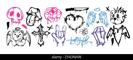 Jeu d'éléments de graffiti pour peinture au pistolet. Street art de visage d'ours d'encre, coeur barbelé fil, bouche ouverte avec langue, croix religieuse, icône de crâne, fleur rose. Autocollants grunge, geste de la main, lettrage urbain Illustration de Vecteur
