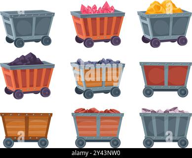Chariots miniers. Minecarts, wagons de mine de métal en bois pour le chargement souterrain des minerais de pépite d'or de roches de diamant de charbon, chariot de camion de chariot de rails, jeu 2d ingénieux illustration vectorielle illustration originale Illustration de Vecteur