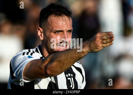 Federico Gatti de la Juventus FC fait des gestes lors du match de Serie A entre l'Empoli FC et la Juventus FC au stade Carlo Castellani à Empoli (Italie), le 14 septembre 2024. Banque D'Images