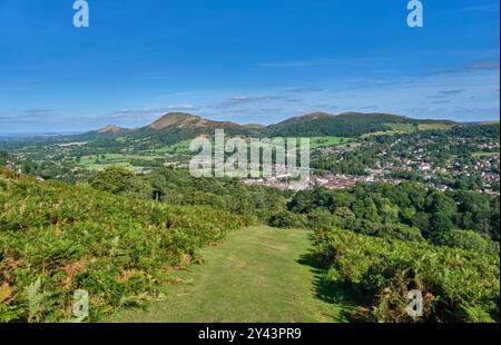 The Lawley, Caer Caradoc, Helmeth Hill et Hope Bowdler Hill vus d'Ashlet sur le long Mynd, Church Stretton, Shropshire Banque D'Images