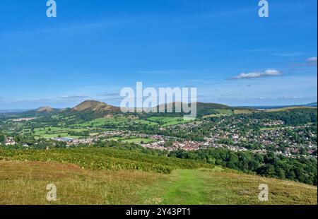 The Lawley, Caer Caradoc, Helmeth Hill et Hope Bowdler Hill vus d'Ashlet sur le long Mynd, Church Stretton, Shropshire Banque D'Images