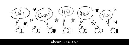 Jeu d'icônes de griffonnage de ligne de pouce vers le haut. Jeu de bulles de parole. Boîte de dialogue Kid School, pensez Cloud. Eléments de dessin d'écriture manuscrite. Griffonnages au crayon. Esquisser comme Illustration de Vecteur