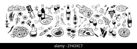 Jeu de croquis minimaliste dessiné à la main pour la nourriture et le vin. plateau de fromage, assiette d'ousters, charcuterie Jamon et plateau de salami, bouteille de vigne, verre à boire, champagne Illustration de Vecteur