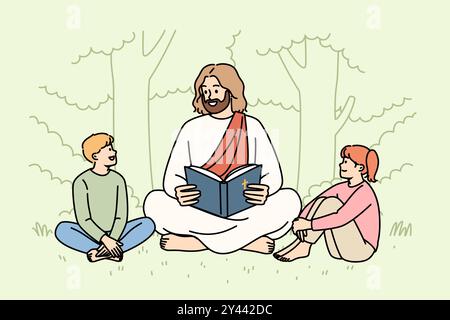 Jésus-christ lit la Bible aux petits enfants assis dans le parc, parlant de religion chrétienne. Concept d'éducation chrétienne pour les enfants pré-adolescents, et étude de l'évangile et des commandements sacrés Illustration de Vecteur