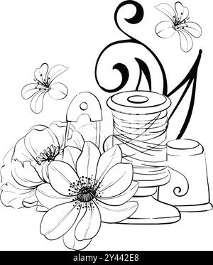 Outils de couture vintage - bobine de fil, épingle, dé à coudre avec des fleurs. Compositions d'outils de couture vintage. Artisanat dans un style rétro. Vintage old-fashion Illustration de Vecteur