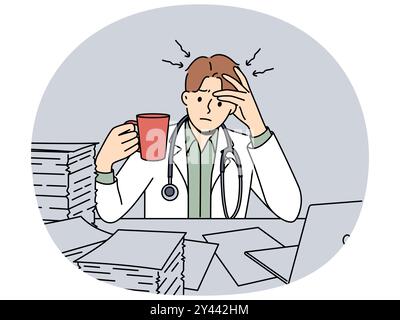 Frustrated doctor with cup of coffee sits at table with pile of papers and needs help of assistant. Concept of bureaucracy and overabundance of paperwork in doctor, causing apathy and burnout Illustration de Vecteur