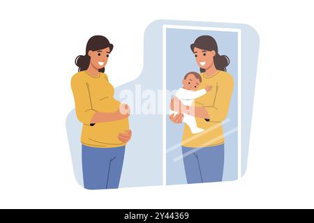 Femme enceinte regarde dans le miroir et voit en réflexion merveilleux bébé dans ses propres bras, rêvant de fils Illustration de Vecteur