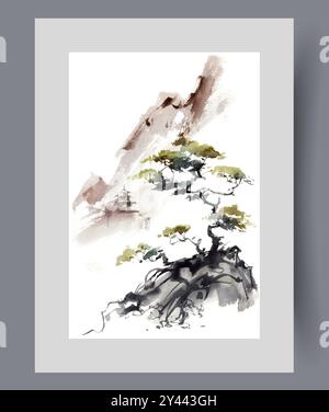 Paysage oriental avec arbre bonsaï solitaire poussant au sommet de la montagne sur l'affiche de l'aquarelle Illustration de Vecteur