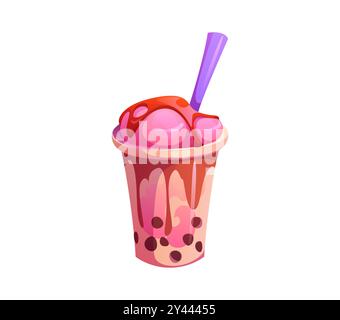 Thé à bulles de restauration rapide cartoon surmonté de cuillères à crème glacée rose vif et d'une paille. Gâterie rafraîchissante sucrée vectorielle isolée, boisson ou boisson délectable présente des perles de tapioca boba et une texture crémeuse Illustration de Vecteur