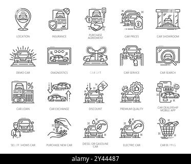 Icônes de ligne de concession de concessionnaire automobile, vente de véhicules automobiles et service de location, vecteur de contour. Pictogrammes de concessionnaire automobile de salle d'exposition de voiture, de diagnostic automatique et d'achat ou de location de véhicule Illustration de Vecteur