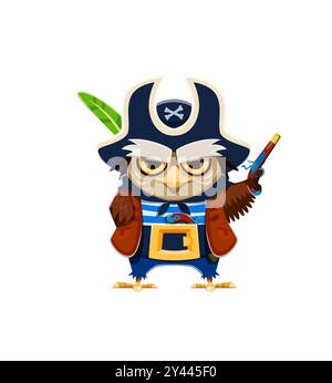 Pirate d'oiseau de hibou de dessin animé ou personnage de capitaine de corsaire, skipper drôle des Caraïbes vecteur. Chouette chouette dans le chapeau tricorne avec des os croisés et mousquet ou pistolet, marin bateau swain animal personnage d'animal zoo Illustration de Vecteur