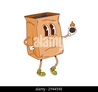 Sac à charbon de bois rétro groovy barbecue caractère. Personnage de paquet ludique de vecteur de bande dessinée isolé avec des yeux vifs, un grand sourire et des baskets tenant des morceaux de charbon brûlant, prêt pour le barbecue et la grillade Illustration de Vecteur
