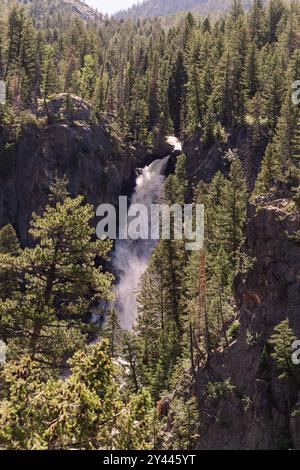 Une cascade puissante en cascade à travers un paysage de montagne boisé Banque D'Images