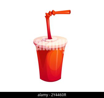 Tasse de boisson de soda de dessin animé, tasse de papier rouge de restauration rapide avec paille et couvercle en plastique. RECIPIENT a emporter pour boisson froide. boisson rafraîchissante à base de cola vecteur isolé dans une tasse jetable en carton pour boire sur le pouce Illustration de Vecteur