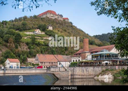 Vue panoramique sur le Unstrut Weir & Burgmühle (moulin du château) vers le château de Neuenburg à Freyburg, Burgenlandkreis en Saxe Anhalt, Allemagne, Europe Banque D'Images