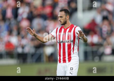 Cracovie, Pologne. 14 septembre 2024. Virgil Ghita de Cracovie Cracovie vu en action lors du match de football PKO BP Ekstraklasa 2024/2025 de la Ligue polonaise entre Cracovie Cracovie et Pogon Szczecin au stade de Cracovie. Score final ; Cracovia Cracovie 2:1 Pogon Szczecin. Crédit : SOPA images Limited/Alamy Live News Banque D'Images