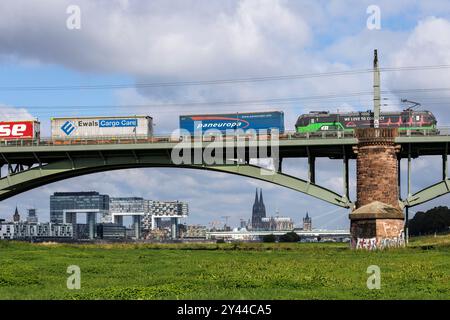 Train de marchandises sur le Suedbruecke (pont Sud), vue sur le port de Rheinau avec les maisons de grues et la cathédrale, Cologne, Allemagne. Gueterzug au Banque D'Images