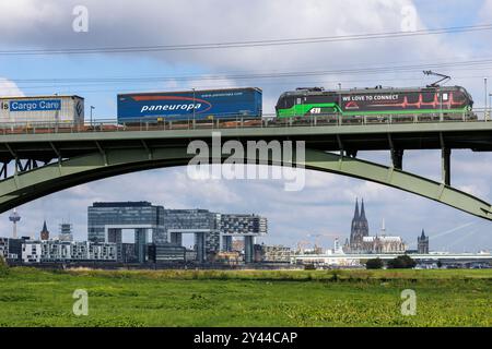 Train de marchandises sur le Suedbruecke (pont Sud), vue sur le port de Rheinau avec les maisons de grues et la cathédrale, Cologne, Allemagne. Gueterzug au Banque D'Images