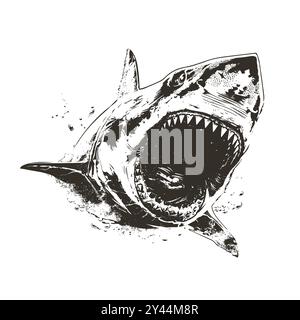 Vecteur noir et blanc détaillé de tête de requin isolé. Parfait pour les imprimés, les vêtements et les emblèmes. Style grunge très contrasté. Le motif prédateur féroce capture la puissance brute et le danger. Illustration de Vecteur