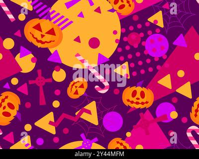 Modèle sans couture d'Halloween avec des formes géométriques dans le style memphis des années 80. Citrouille sculptée d'Halloween avec sucettes, croix et pierres tombales. Jack o lanterne Illustration de Vecteur