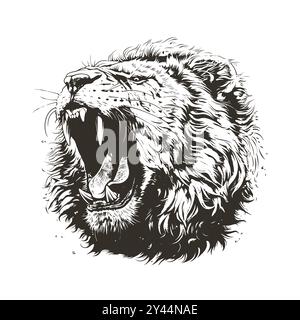 Vecteur noir et blanc détaillé de tête de lion rugissante isolé. Parfait pour les imprimés, les vêtements et les emblèmes. Style grunge très contrasté. Le motif prédateur féroce capture la puissance brute et le danger. Illustration de Vecteur