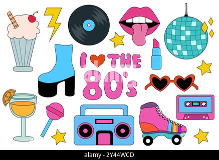 Ensemble d'éléments rétro des années 80. Lecteur audio vintage, cassette, disque musical, boule disco, milkshake, cocktail orange, patin à roulettes, lunettes de soleil, rouge à lèvres Illustration de Vecteur