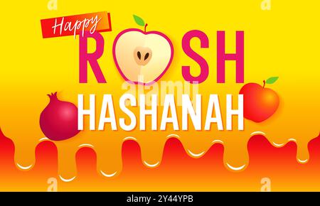 Happy Rosh Hashanah conception vectorielle avec typographie pomme grenade et miel. Célébrez le nouvel an juif avec joie et chaleur. Illustration vectorielle Illustration de Vecteur