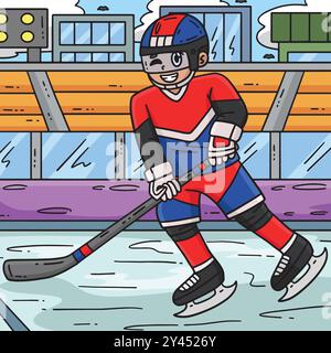 Joueur de hockey sur glace patinant à travers Colored Cartoon Illustration de Vecteur