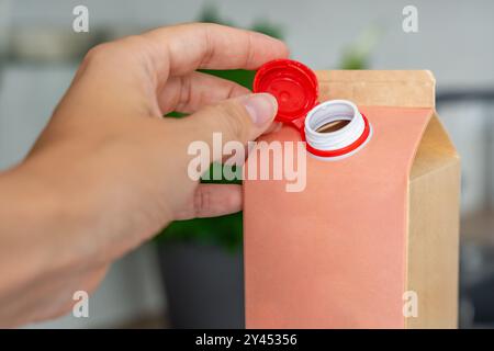 Conteneur en carton longue durée à partir de matériaux recyclés avec bouchon fixe en plastique. Le bouchon reste attaché après ouverture, ce qui rend l'emballage entier Banque D'Images