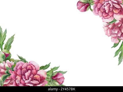 Cadre floral avec pivoines Bordeaux luxuriantes dans les coins. Illustration aquarelle isolée. Pour les cartes d'anniversaire, fête des mères, invitations de mariage, étiquettes Banque D'Images