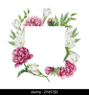 Cadre carré avec pivoines Bordeaux, freesia blanc. Illustration aquarelle isolée. Pour les cartes d'anniversaire, fête des mères, invitations de mariage, étiquettes. Banque D'Images