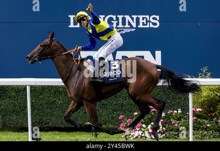 Photo du dossier datée du 27-07-2024 de Goliath monté par le jockey Christophe Soumillon. Goliath pourrait devenir le nom phare de la révolution Resolute Racing alors que John Stewart vise à avoir un impact international avec son opération florissante. Date d'émission : lundi 16 septembre 2024. Banque D'Images