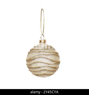 Jouet blanc-or de Noël pour illustration aquarelle épicéa Banque D'Images