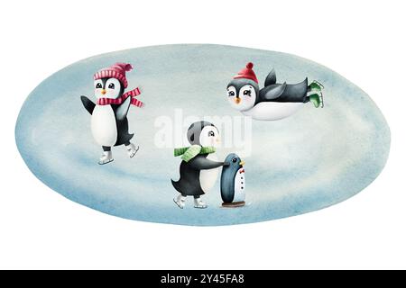 De mignons manchots souriants patinent sur la patinoire. Hiver, leçon de sport de noël. Apprenez à patiner sur glace, illustration peinte à la main à l'aquarelle isolée sur backgro Banque D'Images