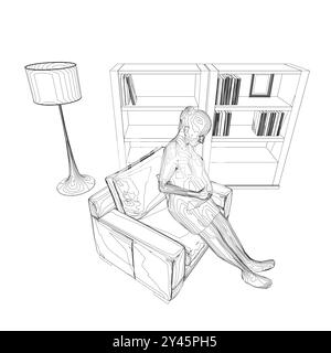 Contour de femme enceinte assis sur une chaise faite de lignes noires isolées sur fond blanc. Chambre avec bibliothèque et chaise avec fille enceinte. Vecteur illu Illustration de Vecteur