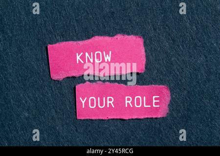 Connaître votre message de rôle écrit sur des morceaux de papier rose déchiré déchiré sur fond gris. Conceptuel connaître votre rôle symbole. Copier l'espace. Banque D'Images
