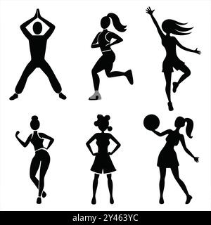 Ensemble silhouette de danse de fitness, ensemble silhouette d'entraînement de gym. Illustration de Vecteur