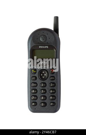 Vieux téléphone portable Philips Savvy, téléphone portable, isolé sur fond blanc Banque D'Images