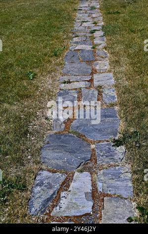 L'image représente un chemin de pierre rustique disposé en ligne droite à travers une pelouse herbeuse. Les pierres sont de forme irrégulière et s'emboîtent ensemble avec vis Banque D'Images