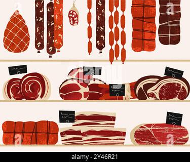 Étagères à viande dans le supermarché. Dessins animés produits de viande crue et séchée frais, porc bœuf agneau poulet. Modèle d'étagère de magasin de boucherie de vecteur avec jambon à saucisse Illustration de Vecteur