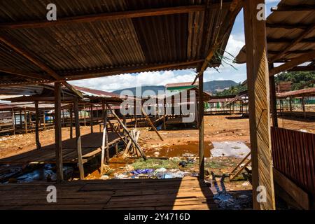 Marché aux poissons abandonné, eau contaminée au nickel, Sulawesi du Sud-est, Indonésie, Asie Banque D'Images