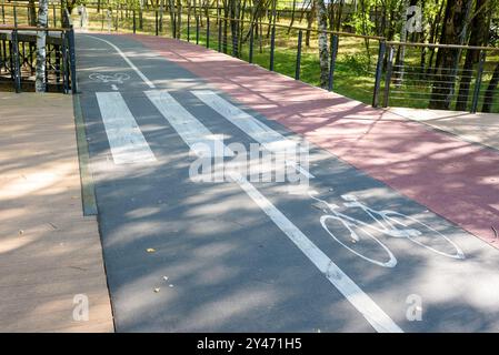 Piste cyclable avec panneaux de direction, sentier pédestre et marquages de passage pour piétons. Promenez-vous dans le parc. Banque D'Images