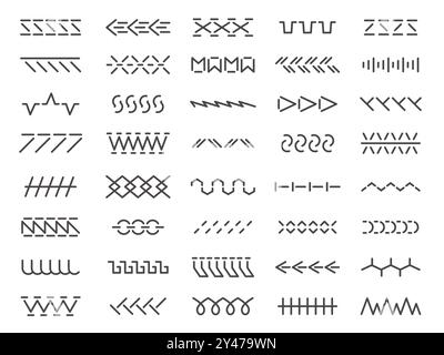 Icônes de points de couture. Machine à broder et à coudre point droit zigzag, ourlet aveugle, overlock et couture, couture d'éléments artisanaux de couture. Le vecteur est Illustration de Vecteur