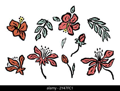 Ensemble d'esquisses abstraites de fleurs de jungle encré isolé sur blanc Illustration de Vecteur