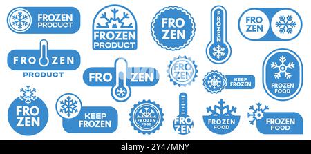 Étiquette de produit congelé. Conservez les icônes congelées avec le flocon de neige, la crème glacée et l'emballage de viande, l'indicateur de température des aliments congelés réfrigérés. Ensemble de vecteurs. Illustration de Vecteur