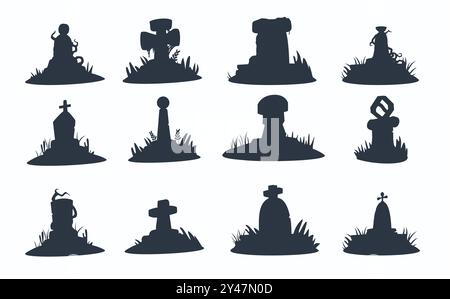 Icônes de pierre tombale noire. Silhouettes de pierres tombales vides, vieux monuments de cimetière chrétien avec croix, pierre funéraire avec texte Rip. Ensemble isolé de vecteur. Illustration de Vecteur