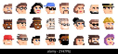 Avatars en pixels. Retro 8 bits personnages colorés, hommes et femmes avatar visages pour jeu vidéo, bande dessinée et site Web. Ensemble isolé de vecteur. Illustration de Vecteur