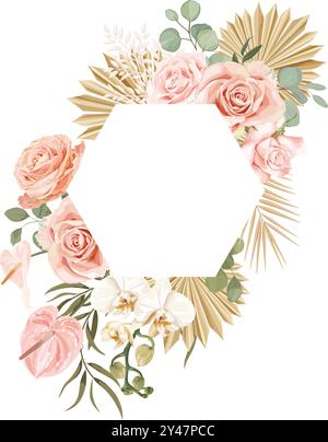 Un cadre de vecteur de mariage dans le style boho avec des fleurs roses, des orchidées blanches, des feuilles de palmier séchées, et des branches. Illustration de Vecteur