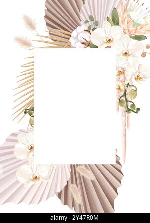 Un cadre de vecteur de mariage dans le style boho avec des fleurs protea, des orchidées blanches, des feuilles de palmier séchées, et des plantes tropicales. Illustration de Vecteur