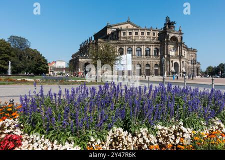 Semperoper Dresde Opera House Theaterplatz Square Summer Flowers City Old Town District Altstadt Dresde Allemagne Banque D'Images